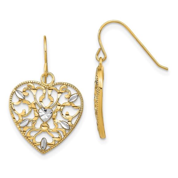 10K Yellow Gold w/ RH Filigree Cut-Out Heart Wire Earrings
